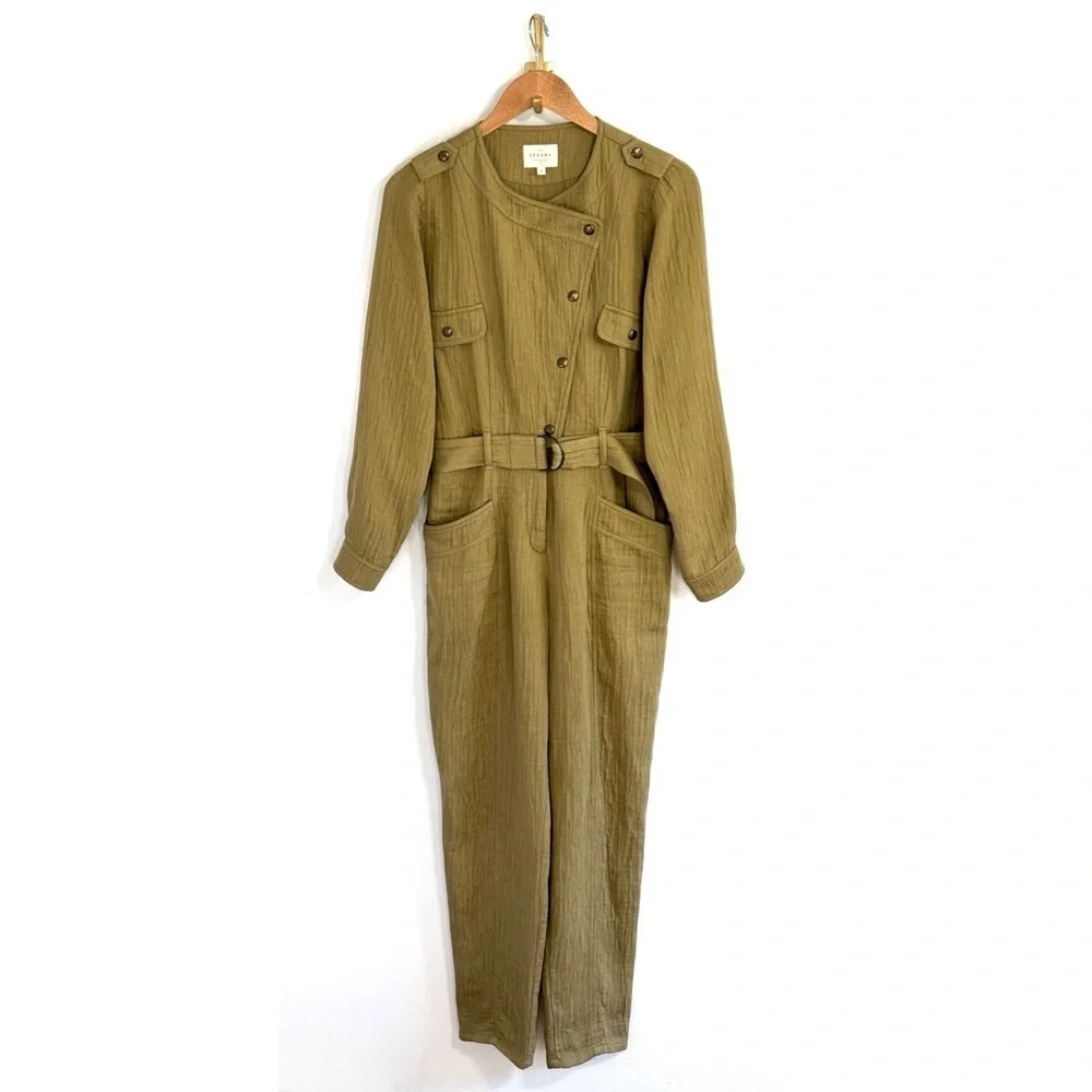 Sezane Linen-Blend Hailey Long-Sleeve Jumpsuit